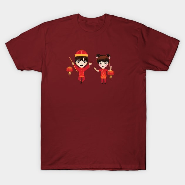 Chinese boy and girl with lanterns T-Shirt by AnnArtshock